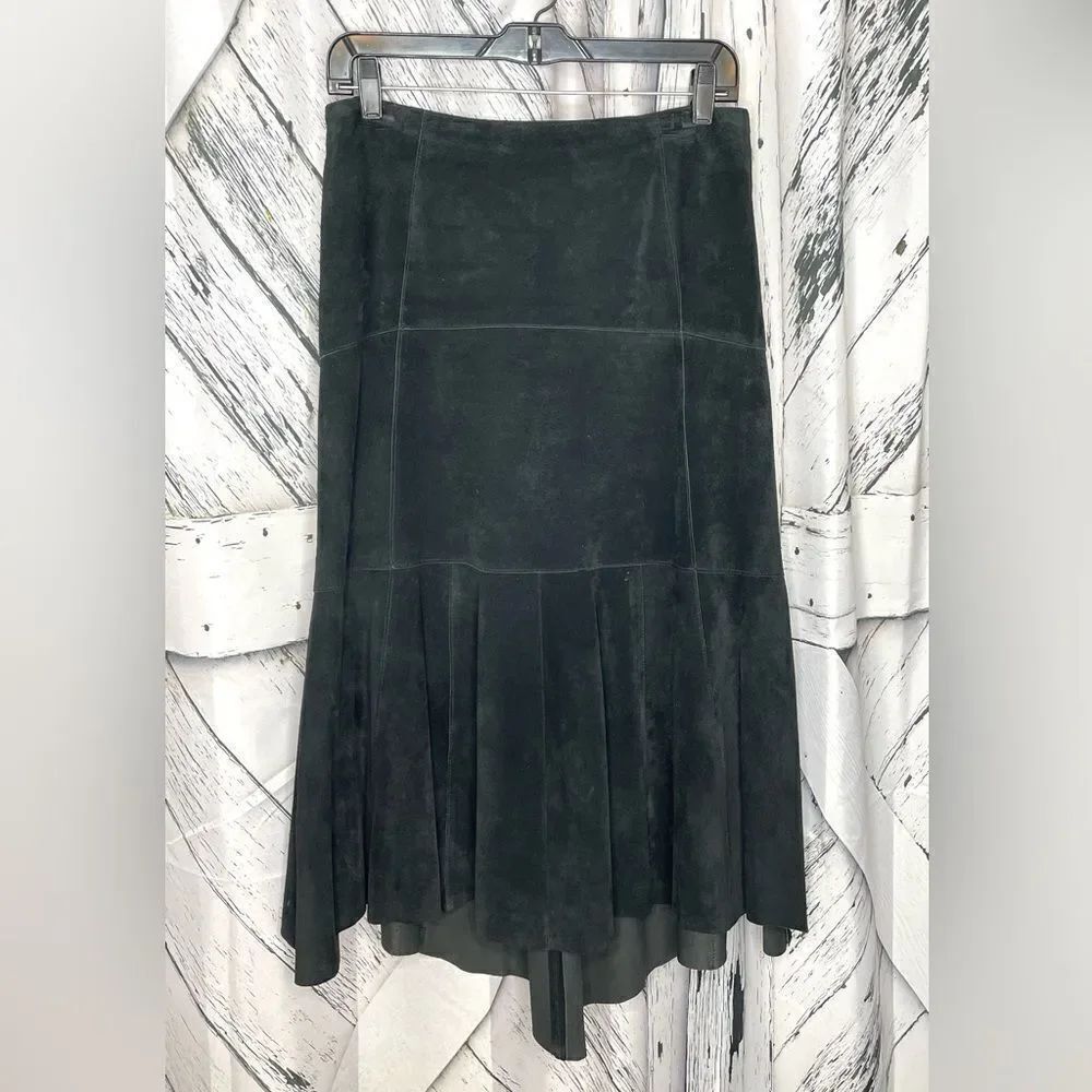 CAbi Black Suede Skirt High Low Trumpet Side Zip Partially Lined 8